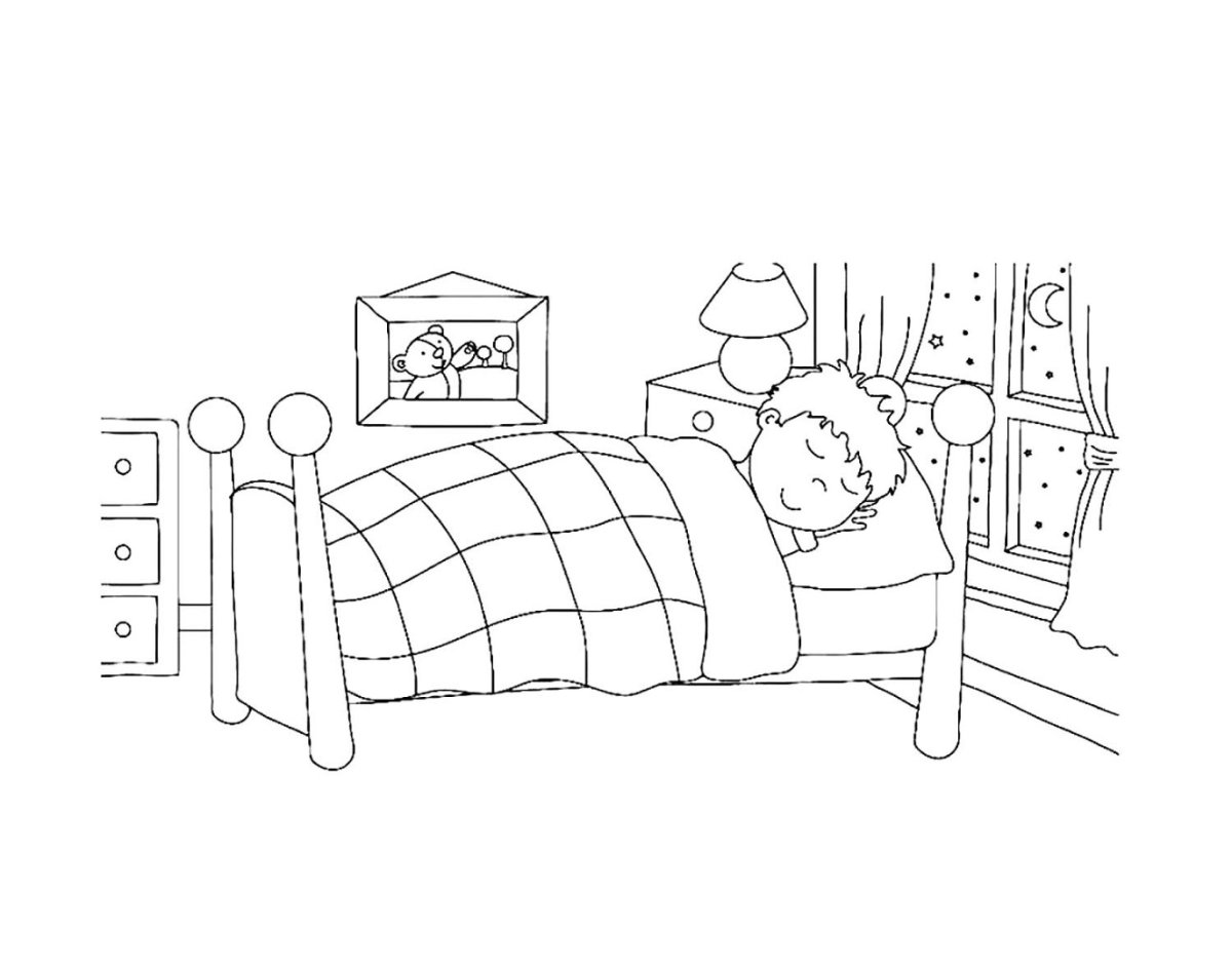 Раскраска Маша на кровати
