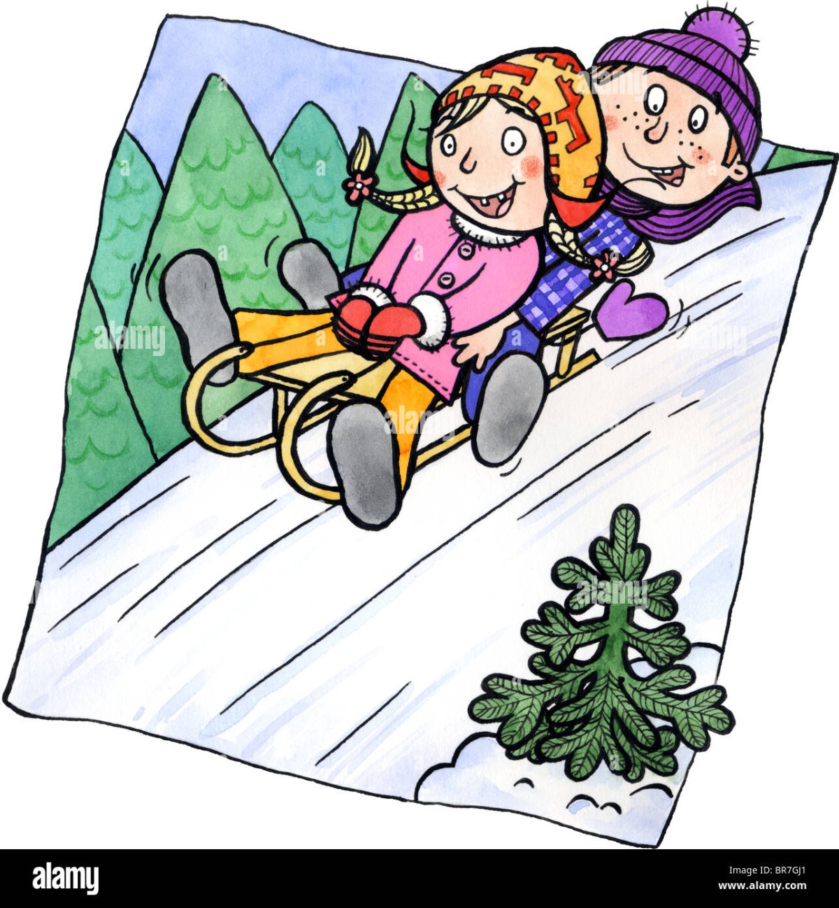 Мальчик с девочкой на санках