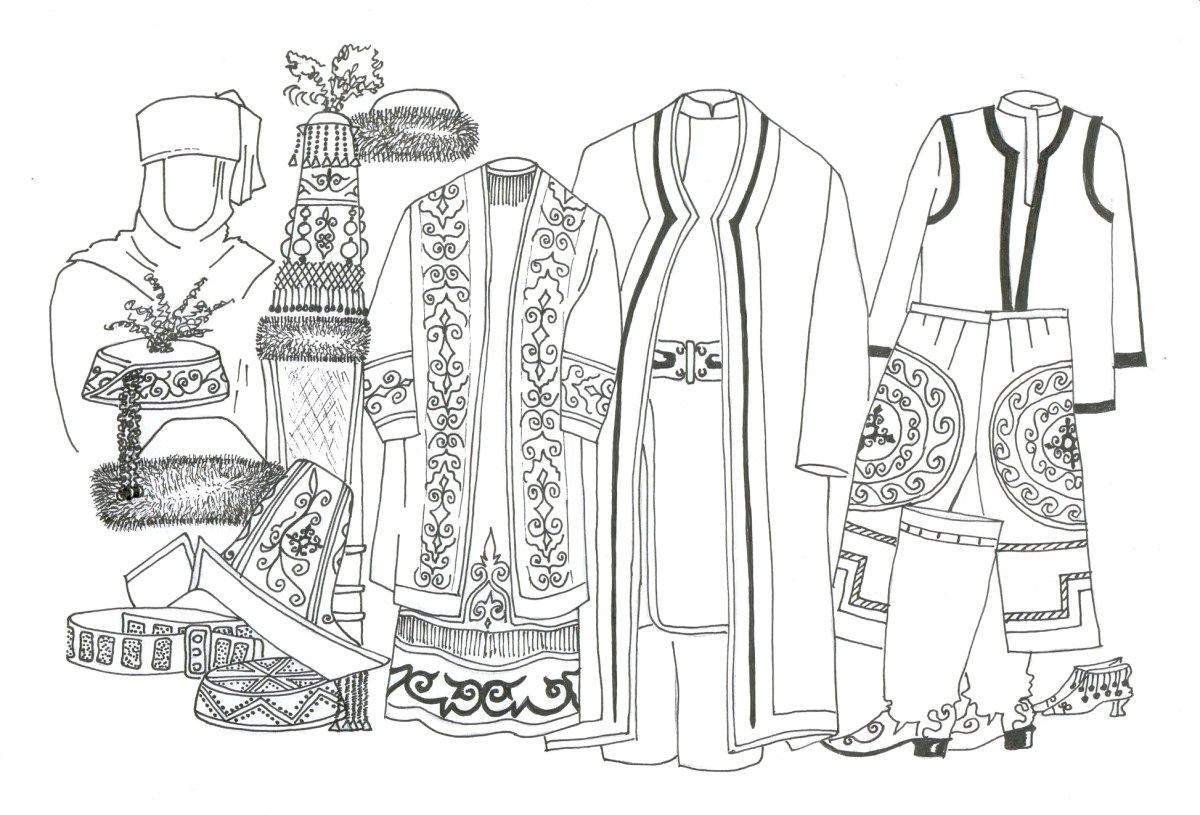 Раскраска казахский национальный костюм шапан