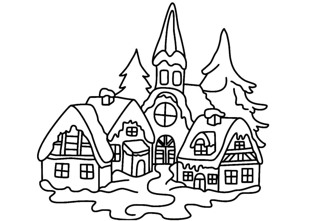 Раскраска зима в деревне