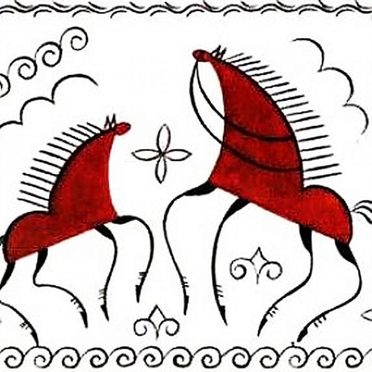 Мезенская роспись две птички над аркой