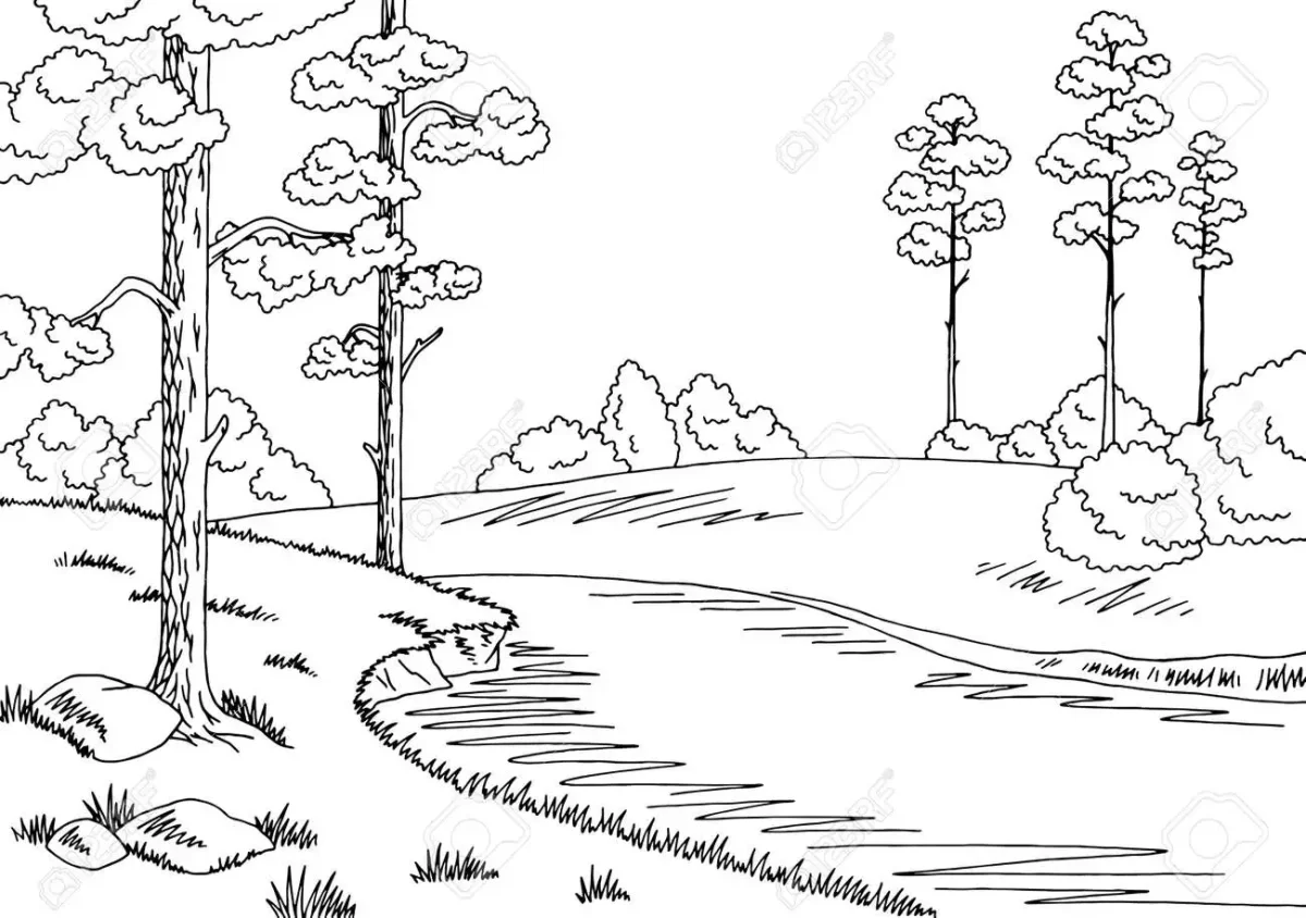 Лес и речка раскраска