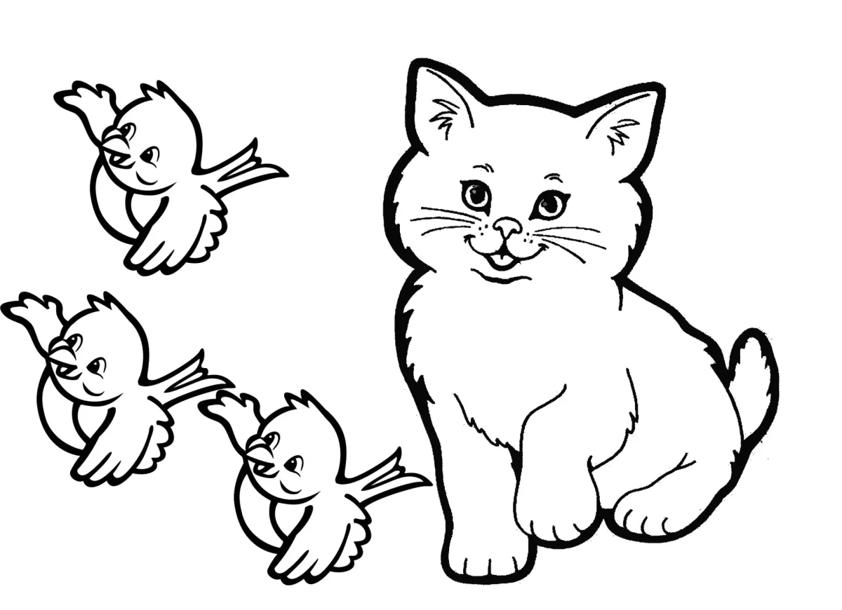 Кошка и птичка раскраска