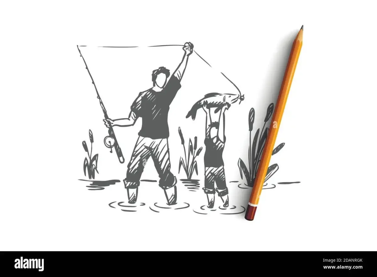 Отец с сыном на рыбалке вектор