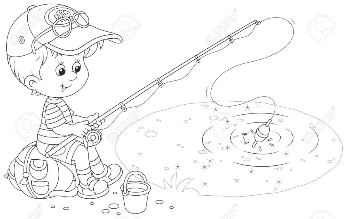 Раскраска мальчик на рыбалке для детей