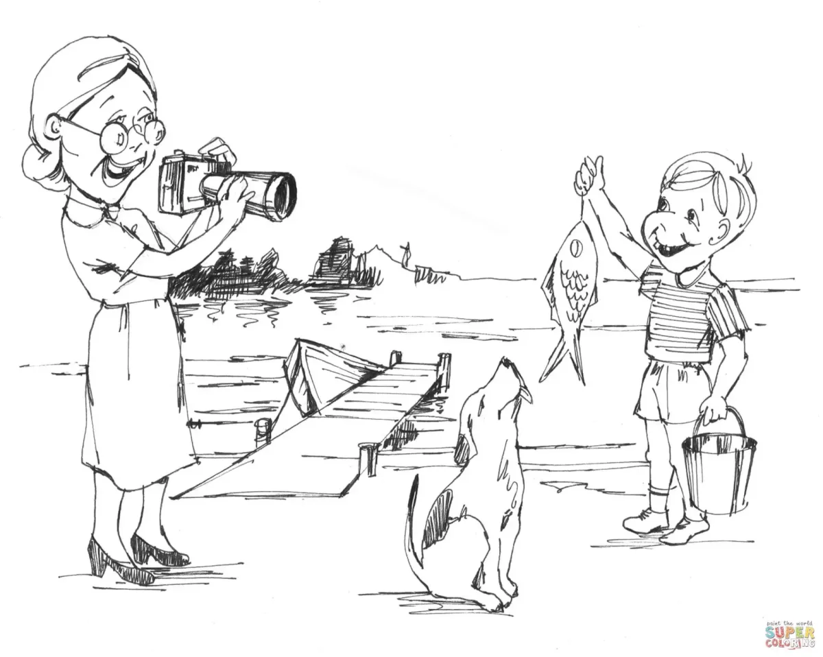 Раскраска мальчик на рыбалке