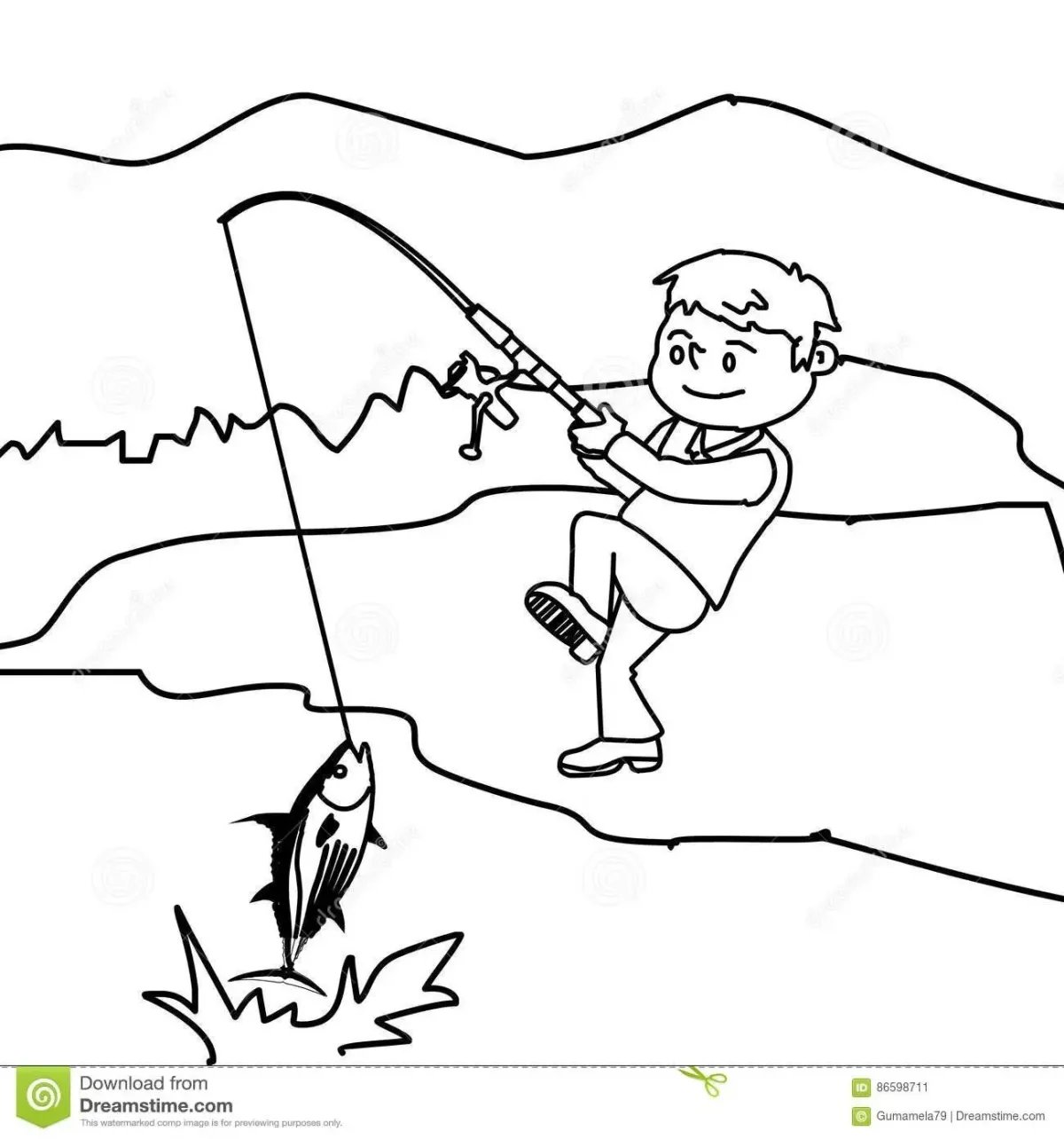 Мальчик ловит рыбу для раскрашивания детям