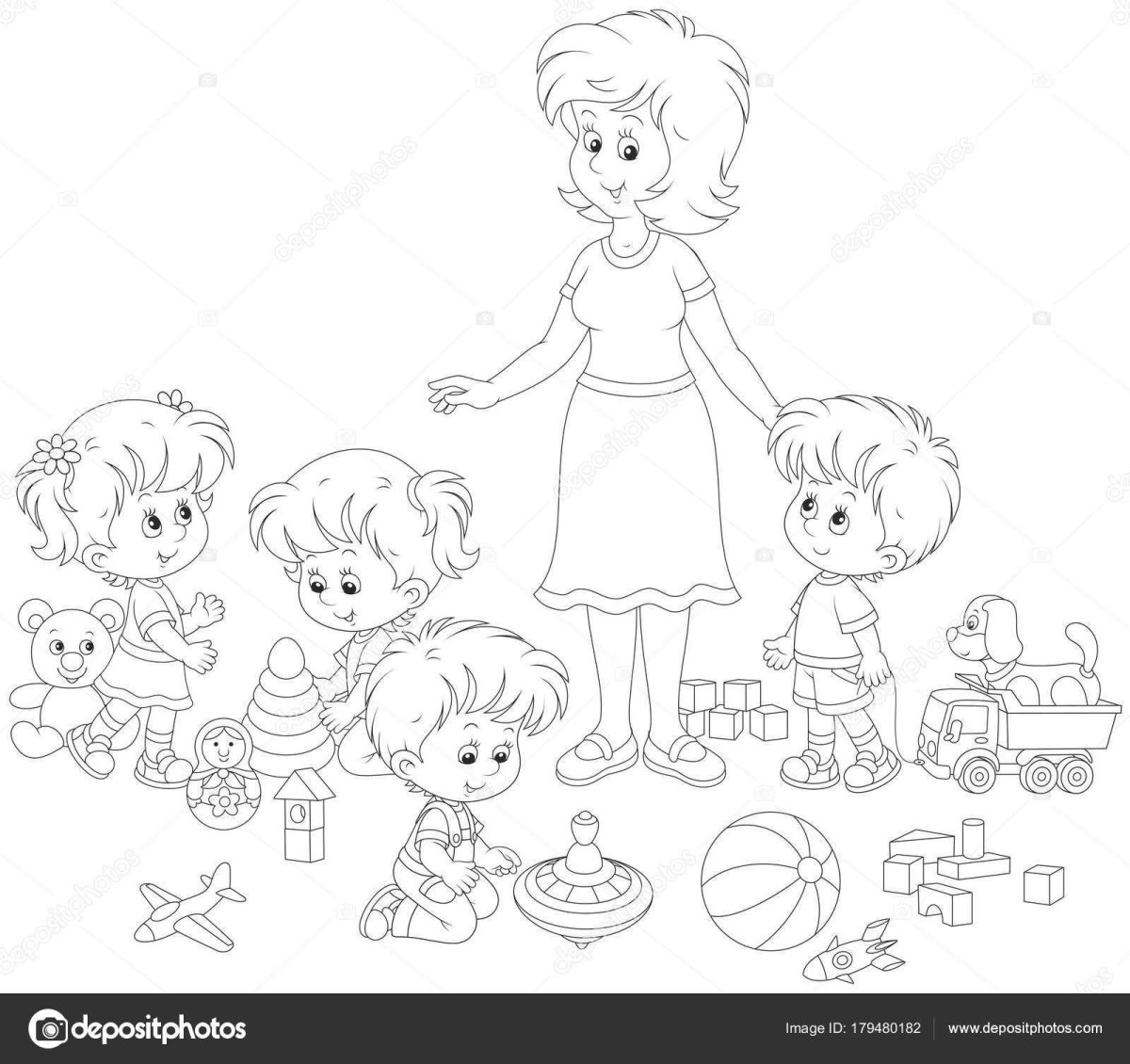 Раскраска воспитательница с детьми
