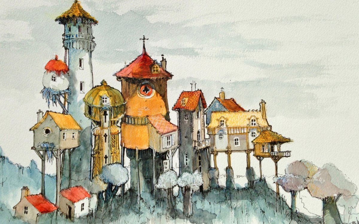 Сказочный город акварель