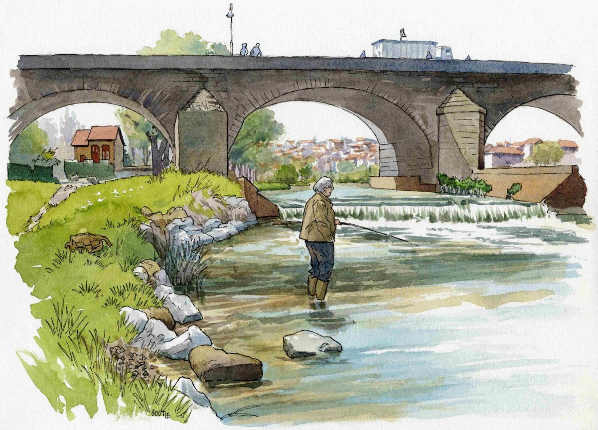 Мостик акварель