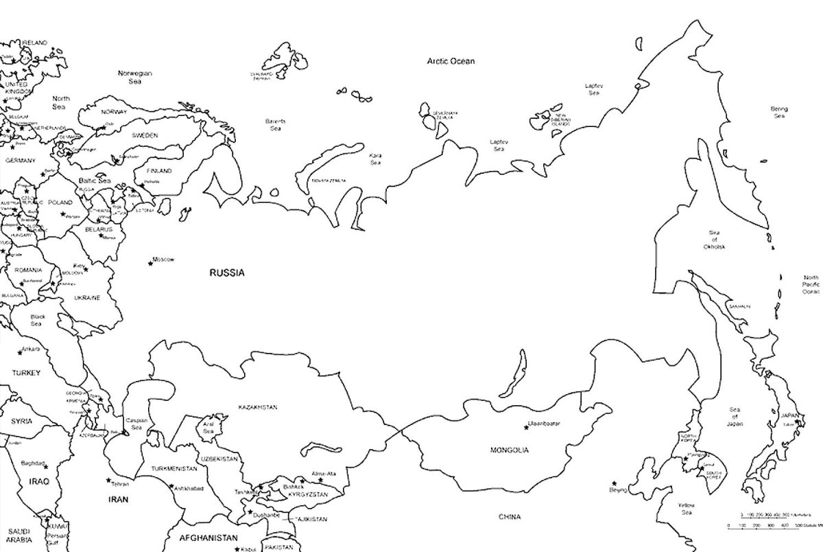 Контурная карта Евразии с границами стран