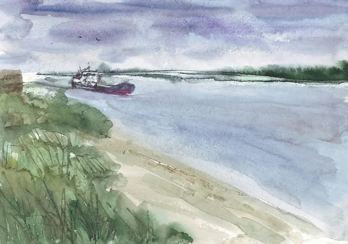 Пейзаж Волги акварелью
