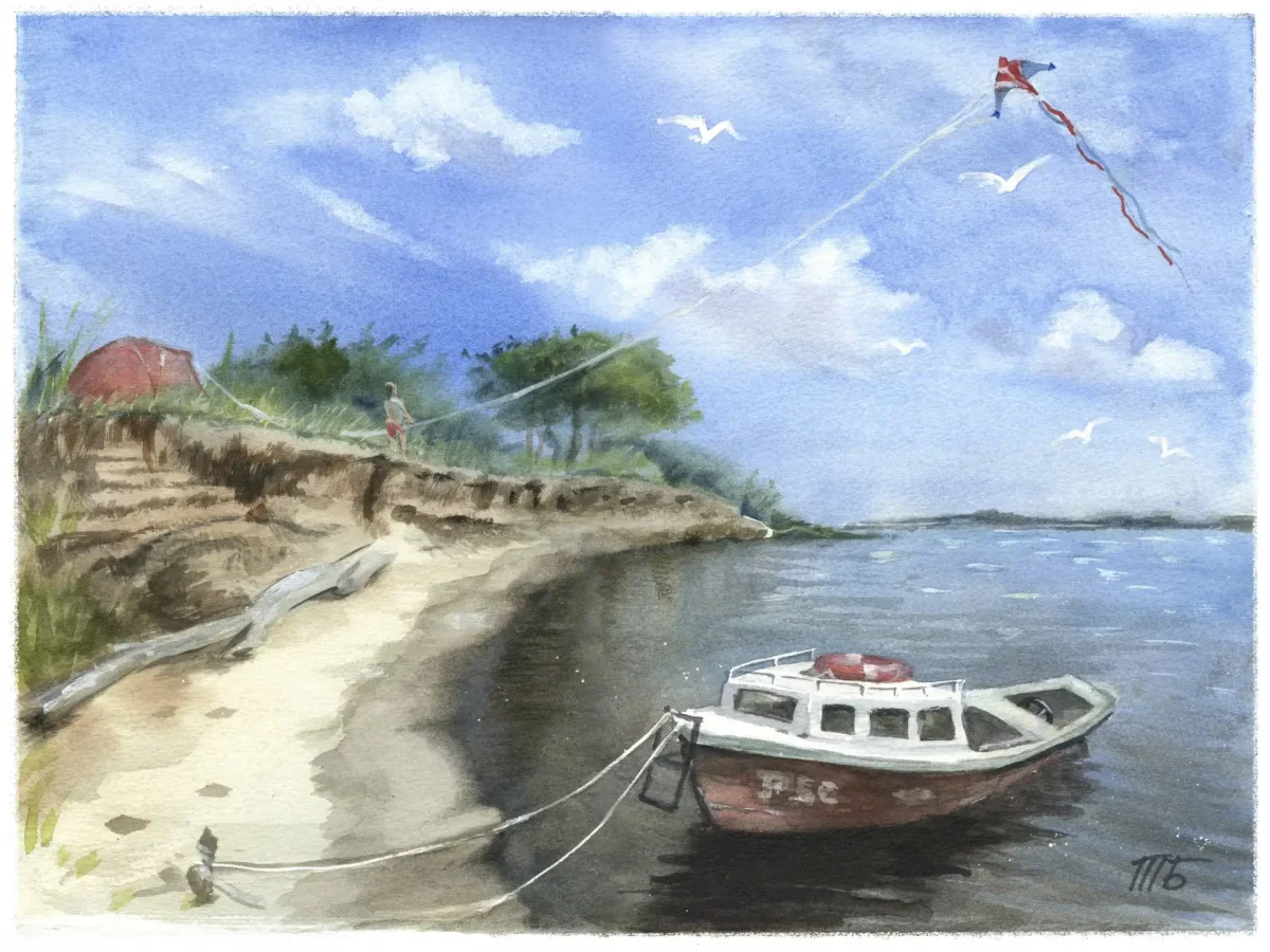 Пейзаж Волги акварелью