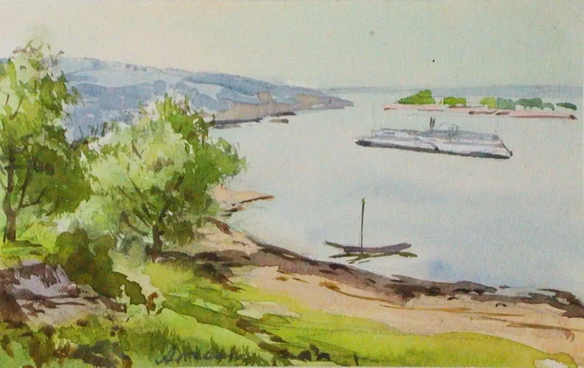 Берег Волги акварелью пейзаж