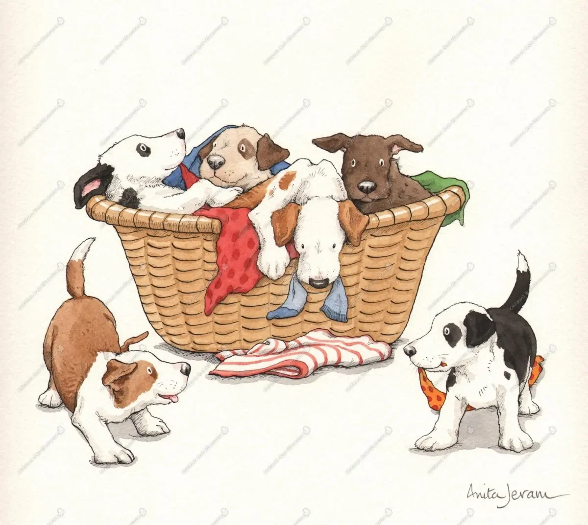 Щенок в корзинке рисунок