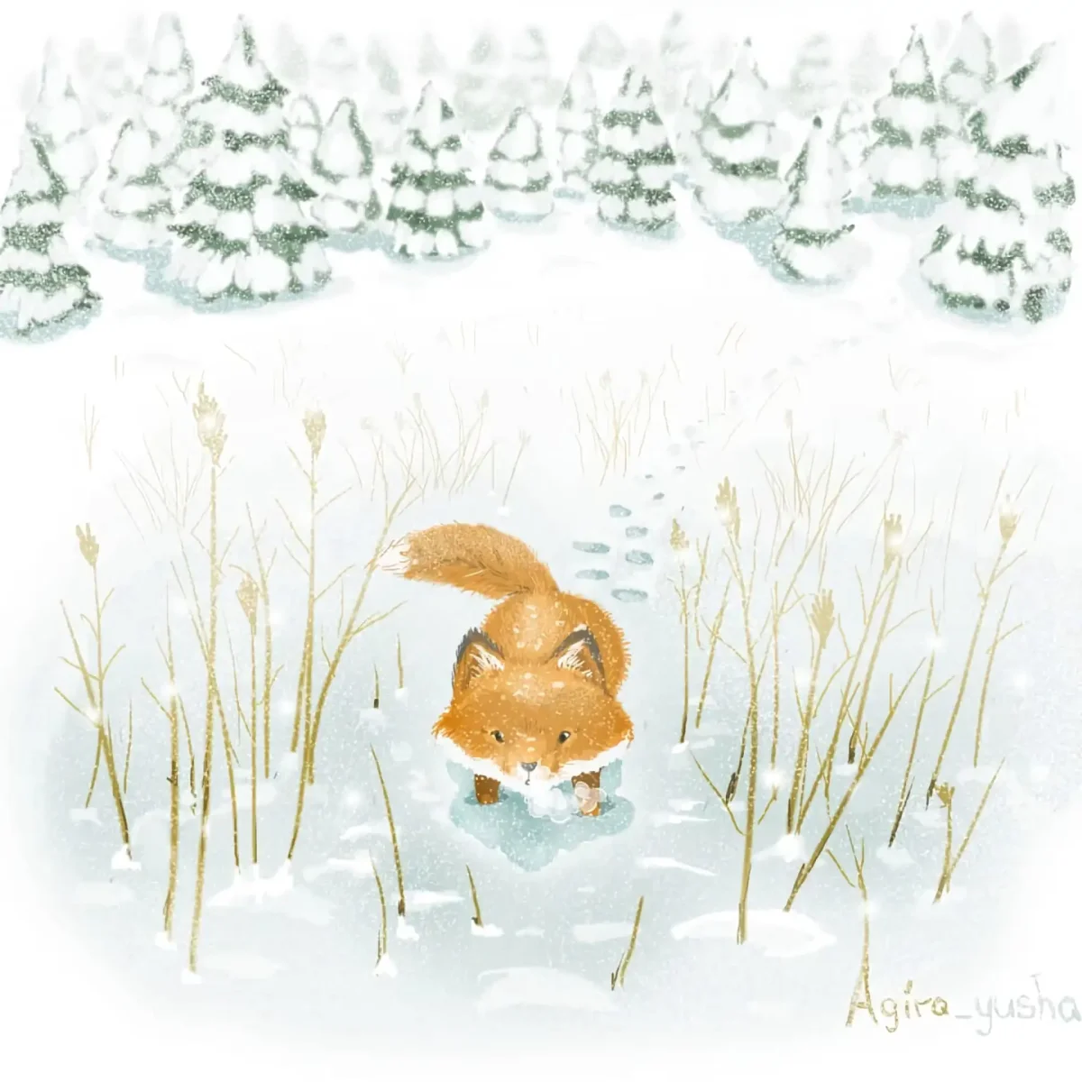 Лиса в снегу иллюстрация