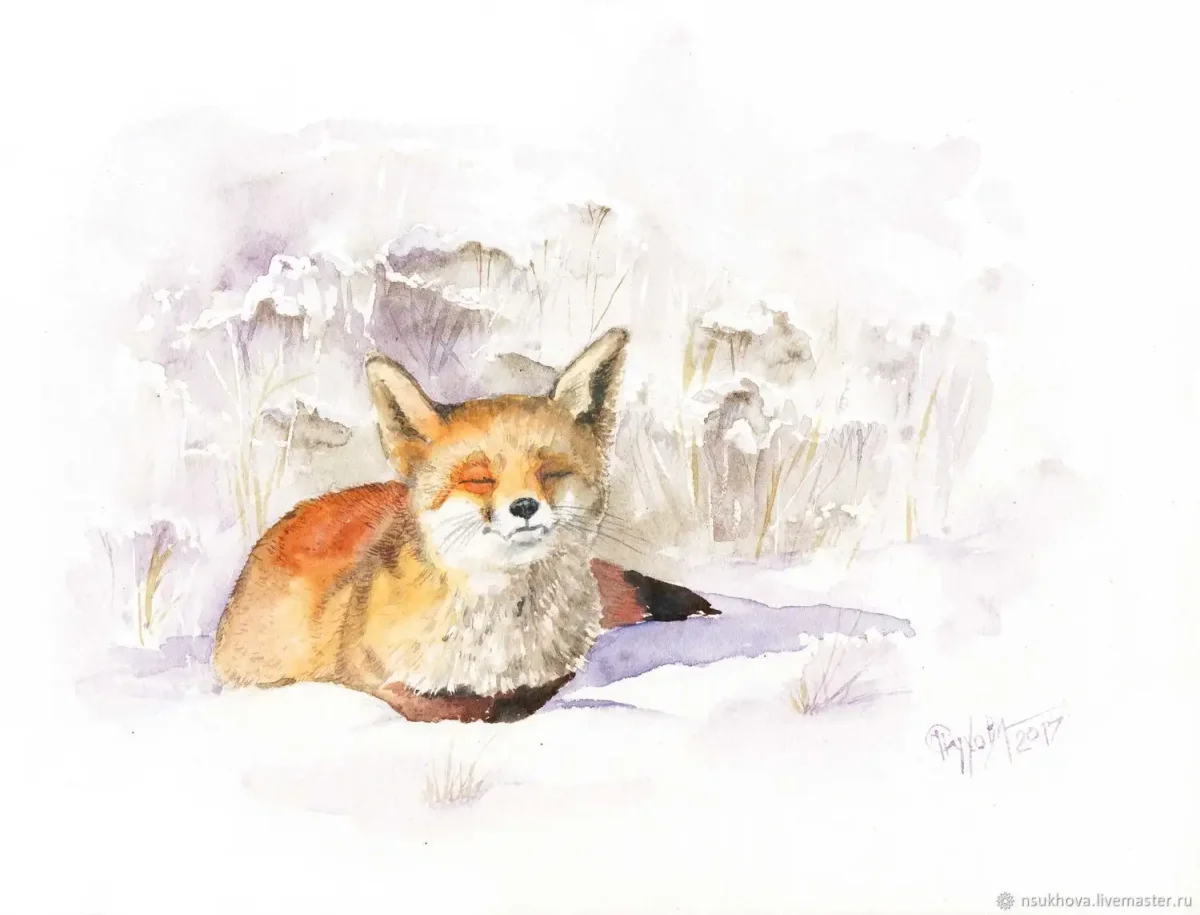Лиса зимой акварель