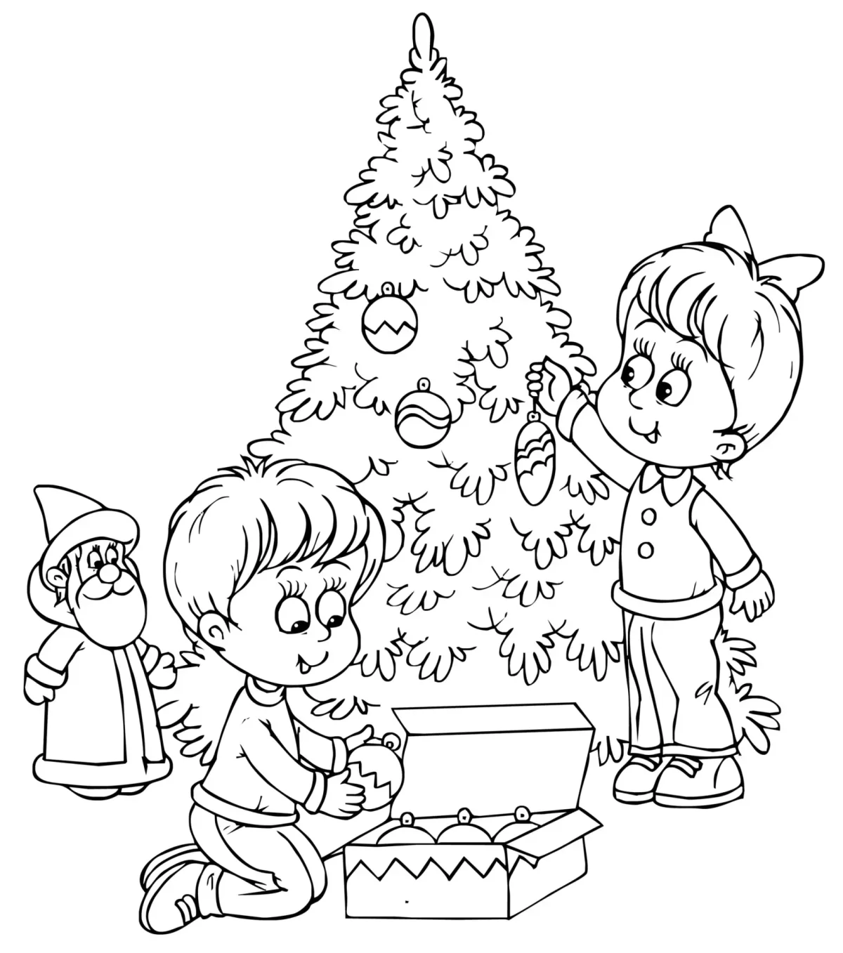 Дети наряжают елку раскраска