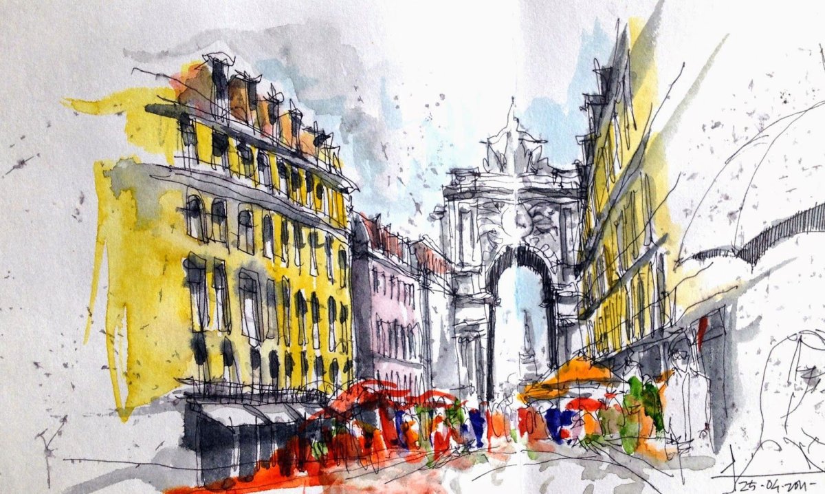 Лиссабонский трамвай акварель