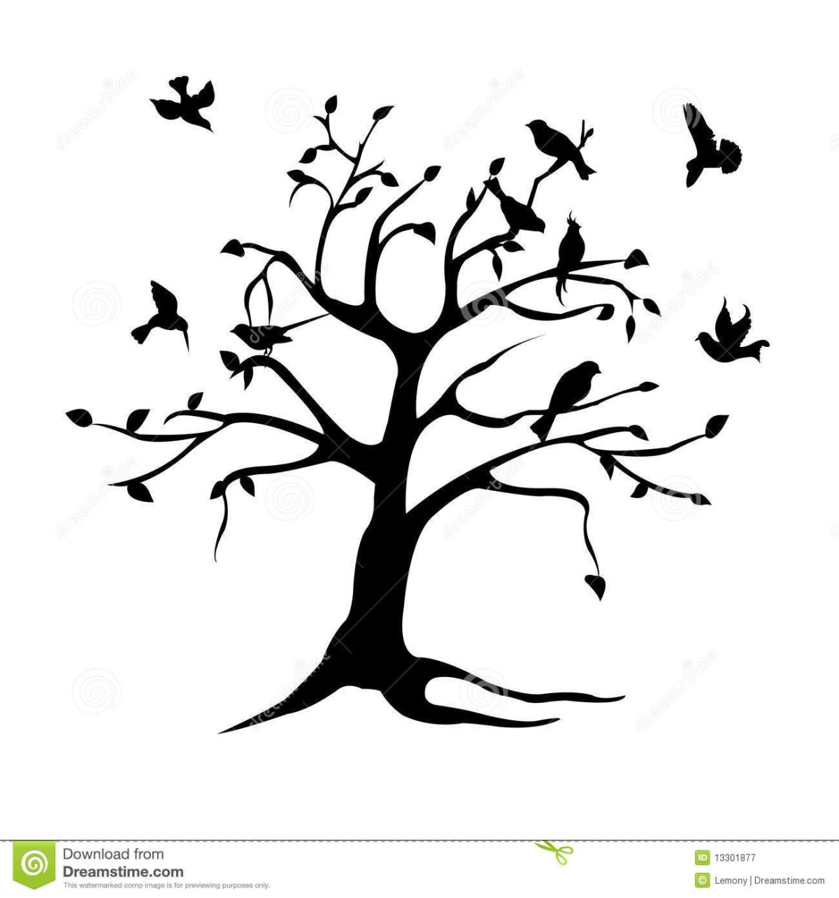 Дерево без листьев с птичками