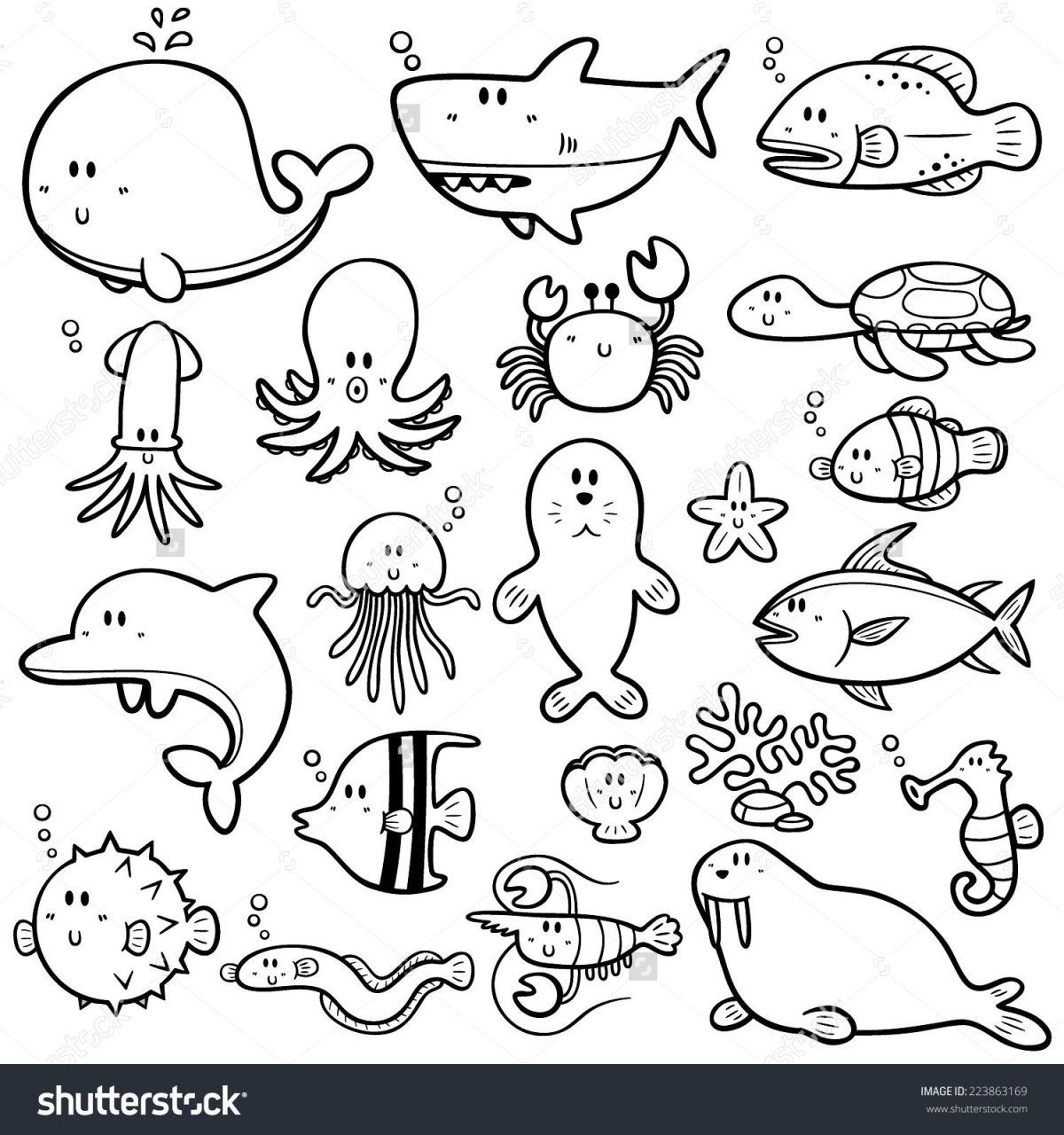 Раскраска маленькие морские животные