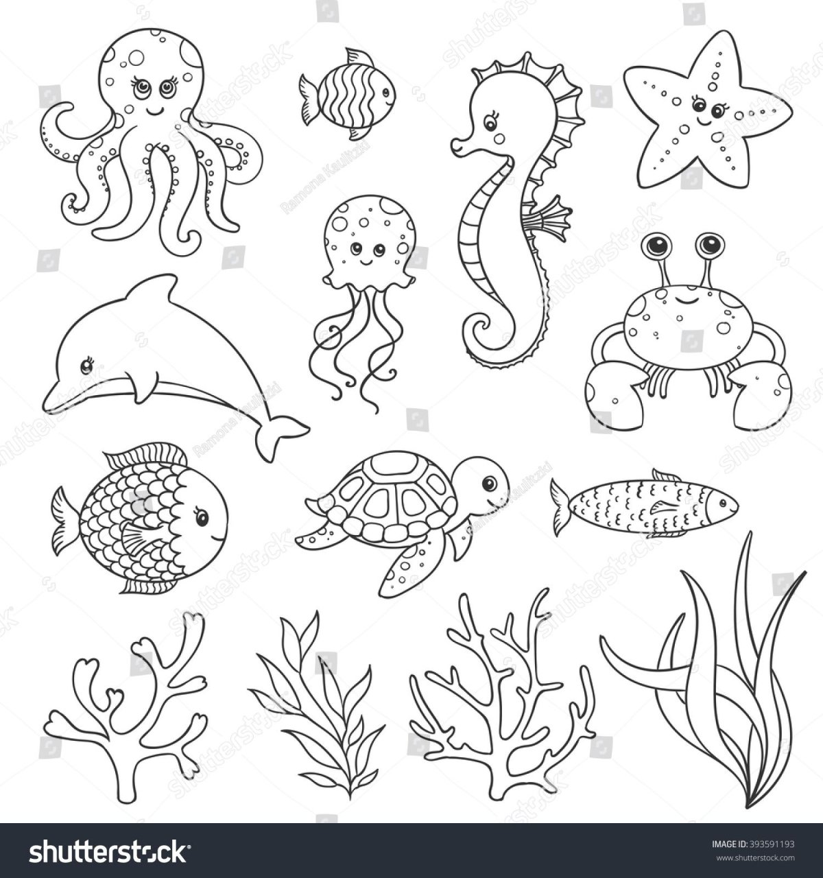 Раскраска морские обитатели маленькие для детей