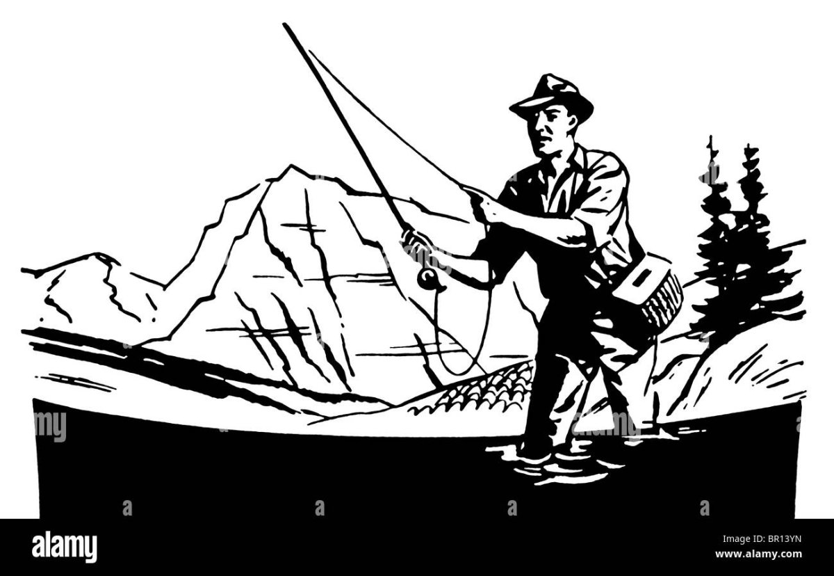 Трафарет рыбака с удочкой