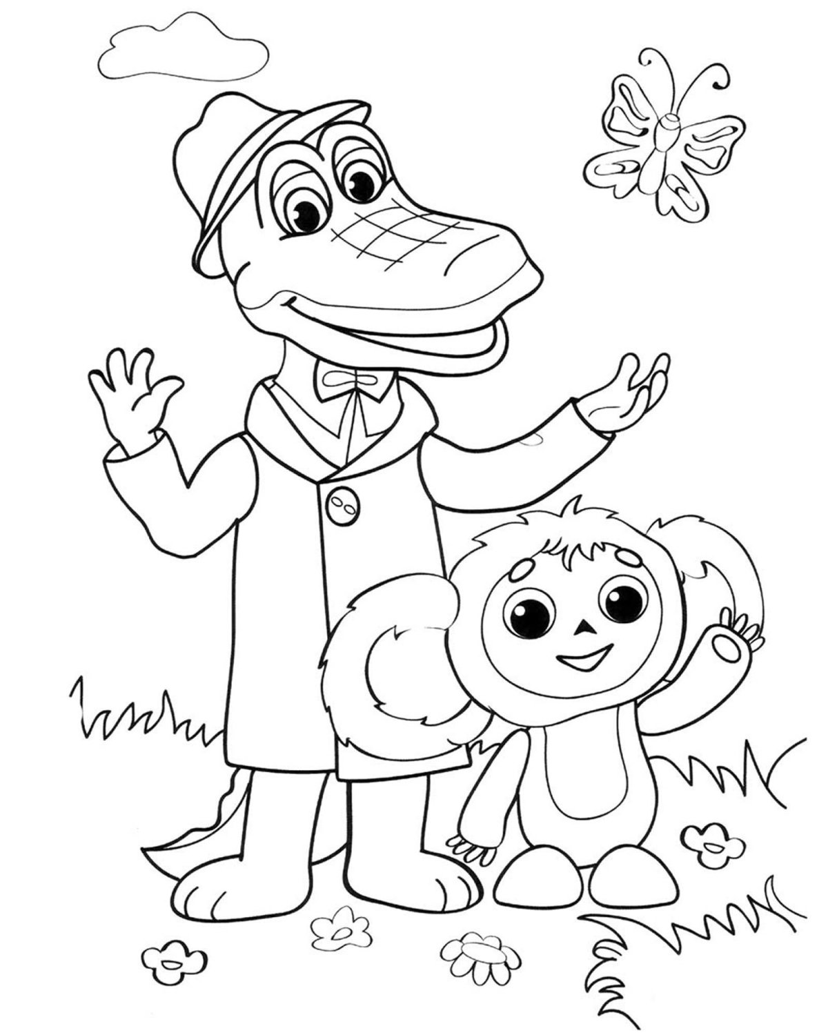 Крокодил Гена и Чебурашка раскраска