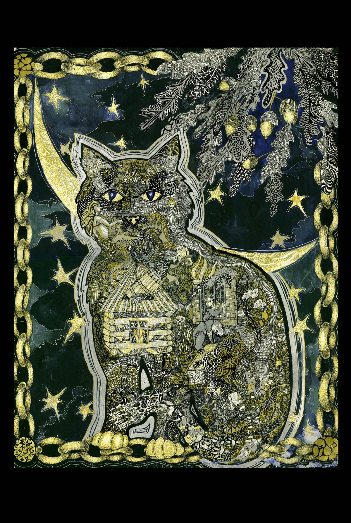 Черный кот арт акварель