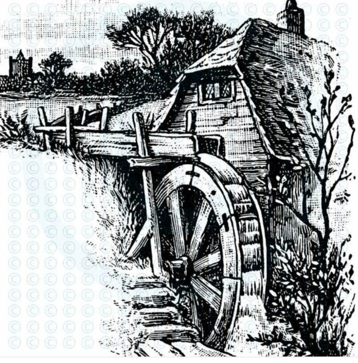 Старая водяная мельница гравюра