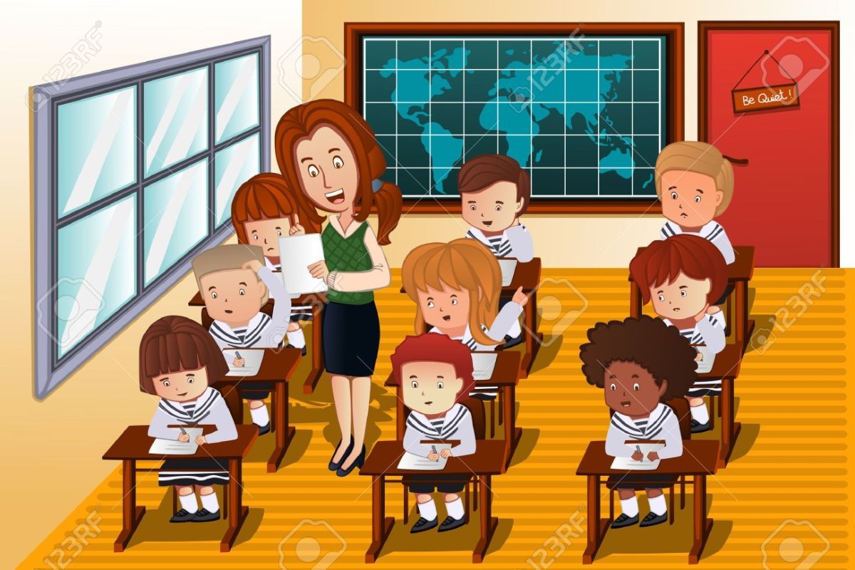 Школьный класс мультяшный с детьми и учителем