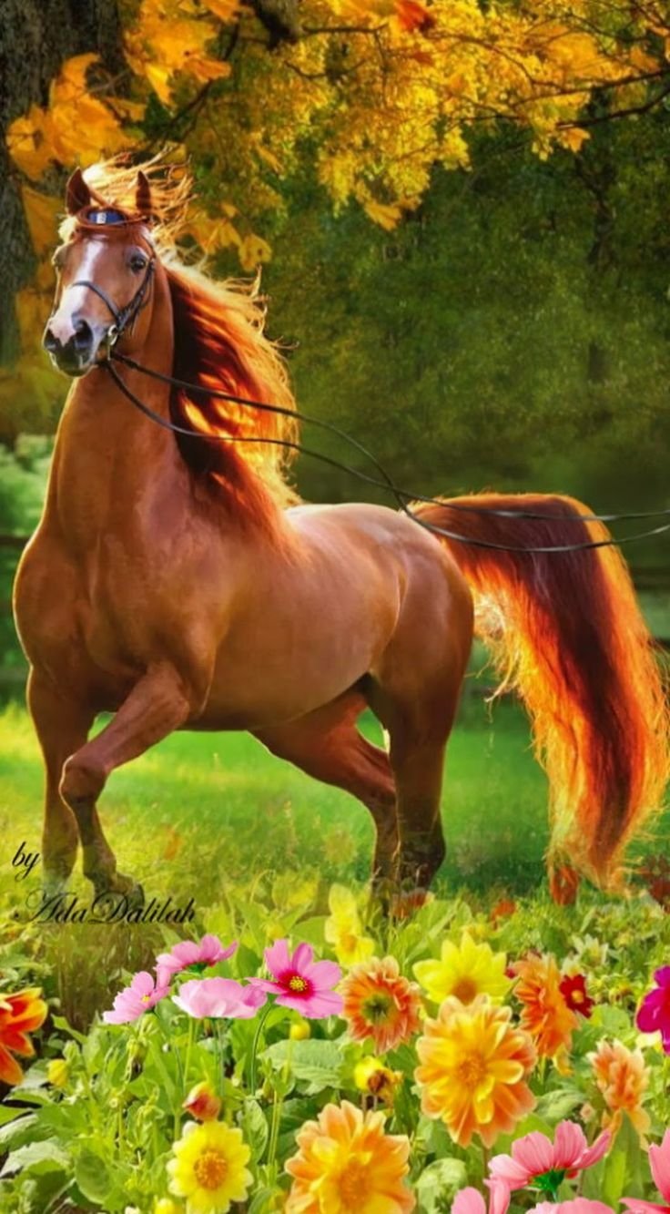 Красивые лошади и цветы