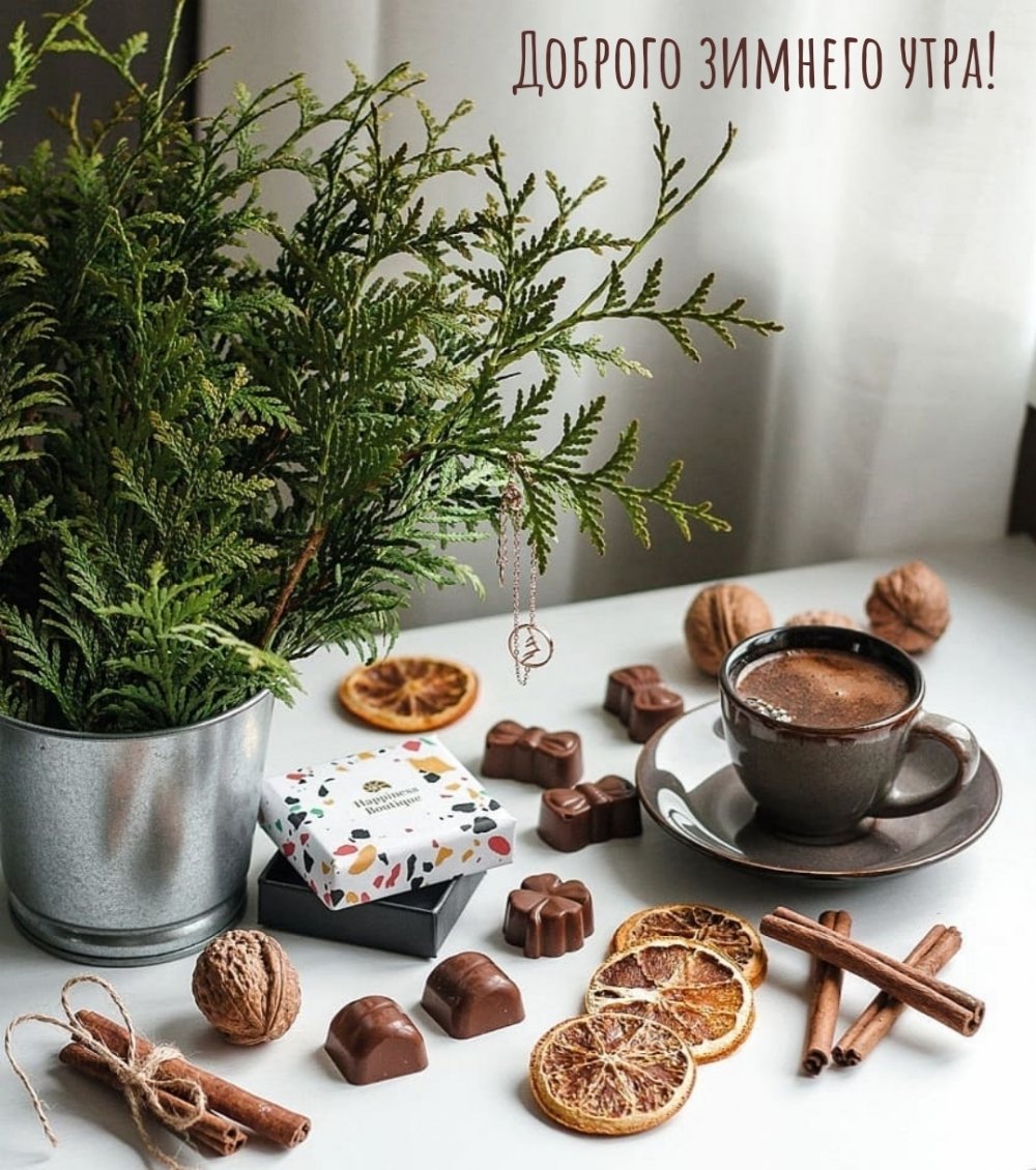 Доброе зимнее утро с кофе и цветы февраля с надписями