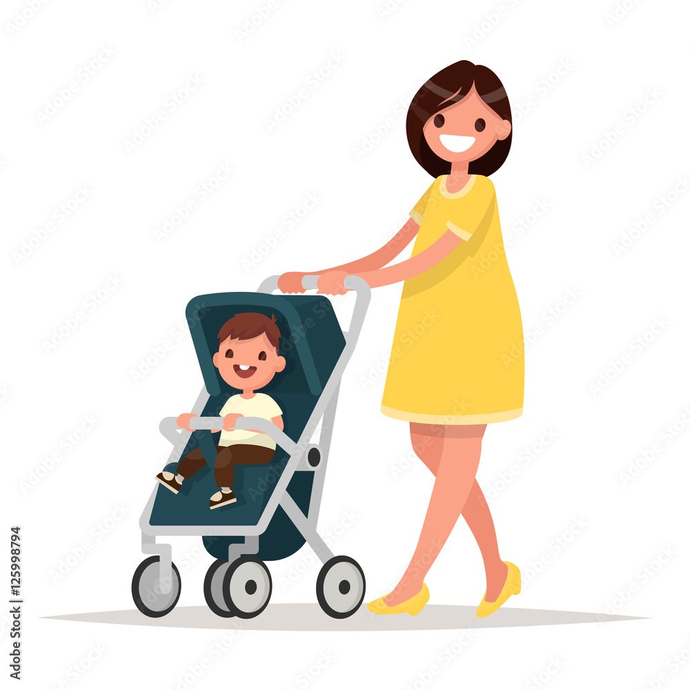 Мама и с ребенком и с коляской вектор