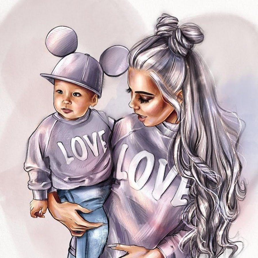 Картинка мама с сыном и дочкой нарисованная