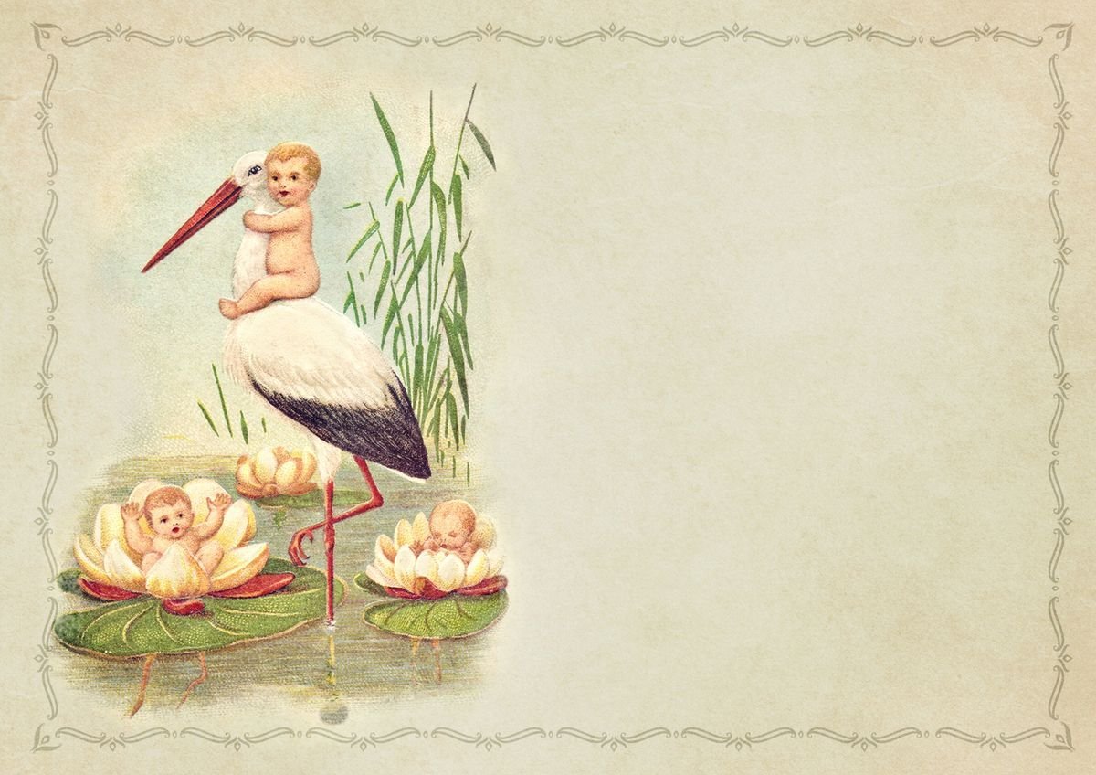Аист с младенцем Винтаж