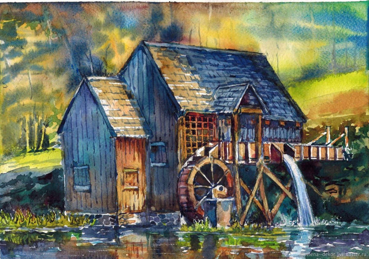 Водяная мельница акварелью