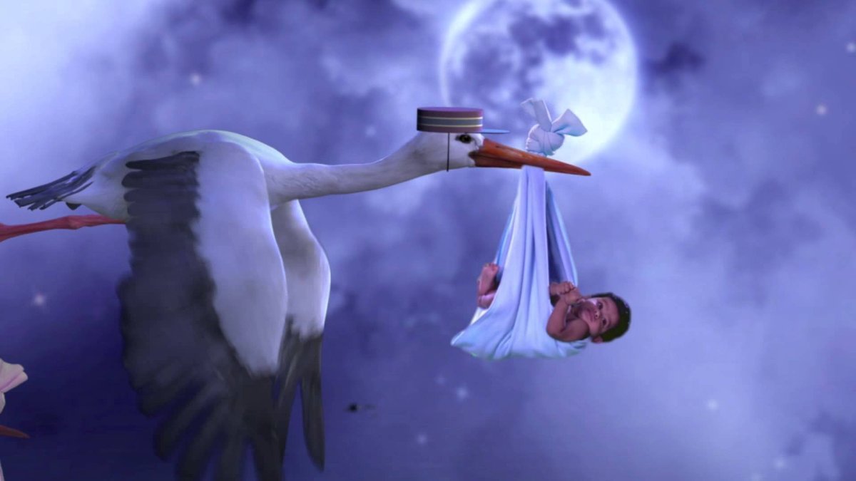 Аист несет ребенка